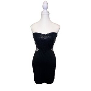 Deb Strapless Black Sequin Mini Dress – Size M – Mesh Waist